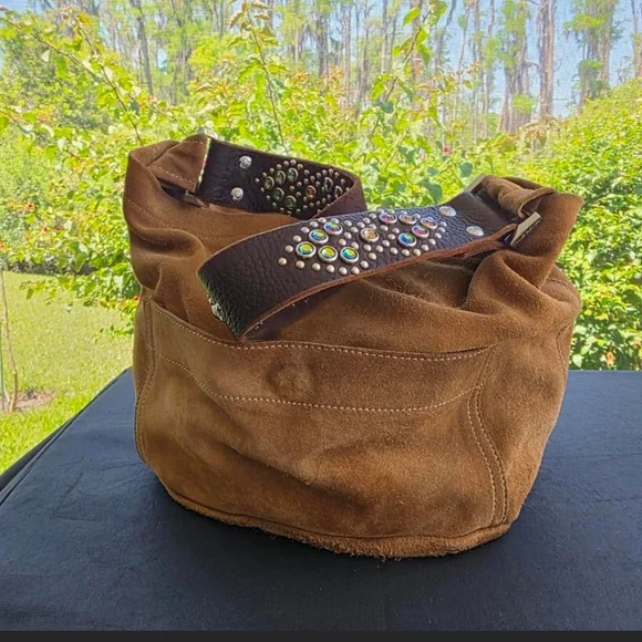 Y2K Boho Chic Vintage Tylie Malibu Suede Hobo Bag w/ Crystal Strap - Picture 3 of 8